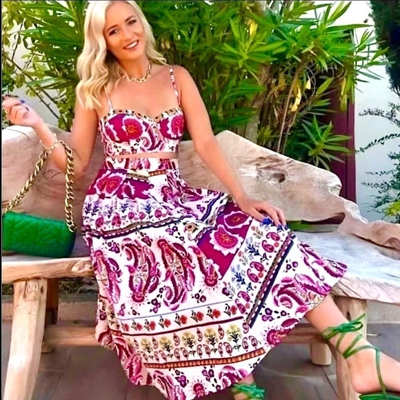 New CAROLINE CONSTAS Printed Linen Blend Bralette Crop Top and Midi Skirt Set - Picture 3 of 11